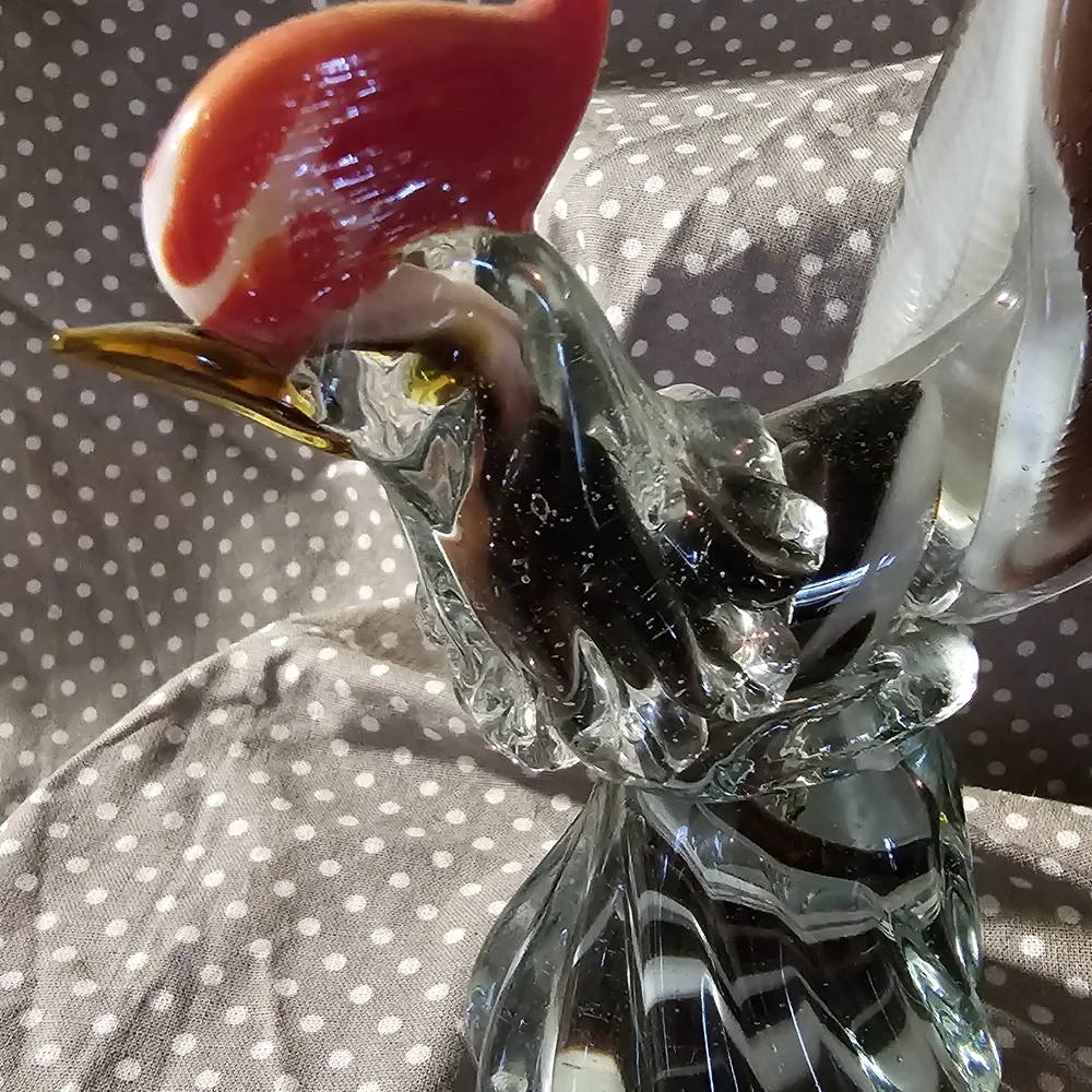 Handblown Glass Rooster Figurine - Red Crest, Clear Body - Unbranded